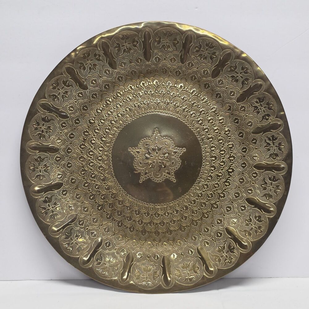 Vintage Large Brass Engraved Moroccan Wall Plate Ornate Tray 14" Hand Hammered